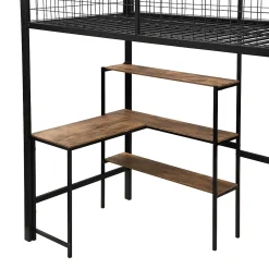 Okwish Lit mezzanine 90x200 cm avec bureau, placard et étagères, structure métal robuste, noir, sans matelas Online