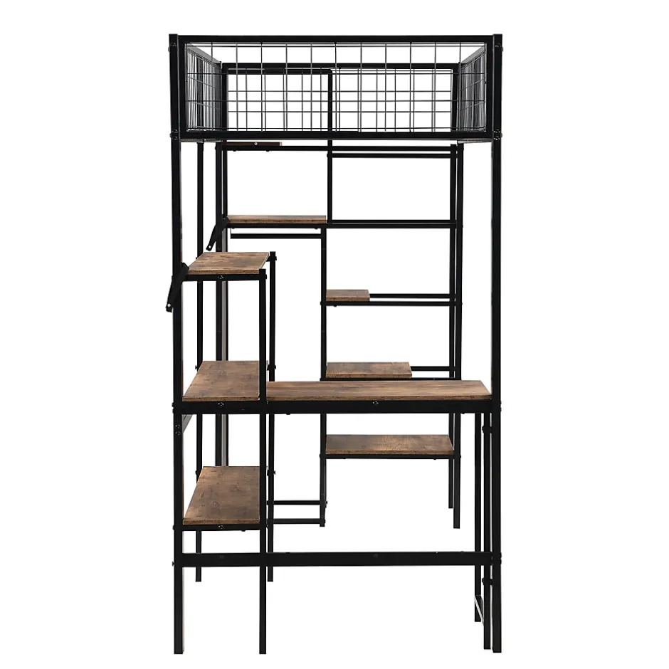 Okwish Lit mezzanine 90x200 cm avec bureau, placard et étagères, structure métal robuste, noir, sans matelas Online