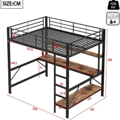 Okwish Lit mezzanine 140x200 cm avec bureau, étagères, LED et prise USB - lit ado/enfant gain de place - métal noir - sans matelas Hot