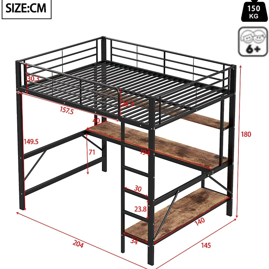 Okwish Lit mezzanine 140x200 cm avec bureau, étagères, LED et prise USB - lit ado/enfant gain de place - métal noir - sans matelas Hot