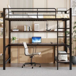 Okwish Lit mezzanine 140x200 cm avec bureau, étagères, LED et prise USB - lit ado/enfant gain de place - métal noir - sans matelas Hot