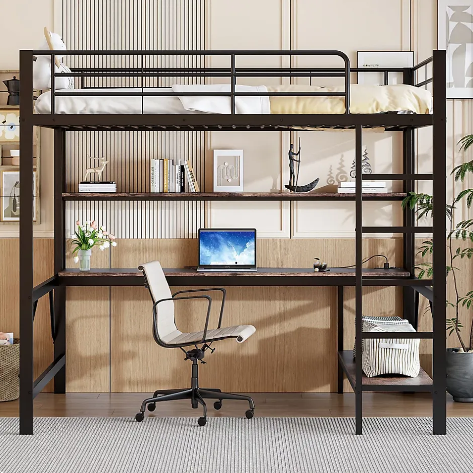 Okwish Lit mezzanine 140x200 cm avec bureau, étagères, LED et prise USB - lit ado/enfant gain de place - métal noir - sans matelas Hot