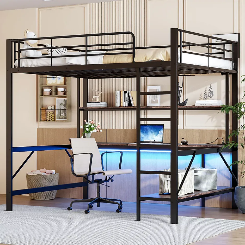 Okwish Lit mezzanine 140x200 cm avec bureau, étagères, LED et prise USB - lit ado/enfant gain de place - métal noir - sans matelas Hot