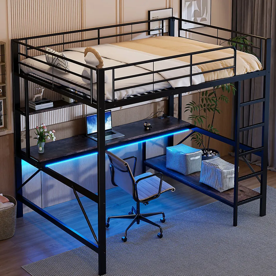 Okwish Lit mezzanine 140x200 cm avec bureau, étagères, LED et prise USB - lit ado/enfant gain de place - métal noir - sans matelas Hot