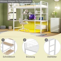 Generique Lit mezzanine 90x200 cm avec bureau intégré, étagères, LED et prise USB, lit ado/enfant gain de place - métal blanc - sans matelas