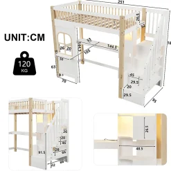Okwish Lit Mezzanine 90x200 cm avec Bureau, LED et Escalier de Rangement - Sans Matelas - Pin et MDF - Blanc et Naturel