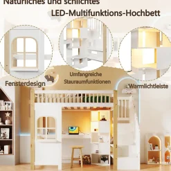 Okwish Lit Mezzanine 90x200 cm avec Bureau, LED et Escalier de Rangement - Sans Matelas - Pin et MDF - Blanc et Naturel