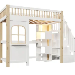 Okwish Lit Mezzanine 90x200 cm avec Bureau, LED et Escalier de Rangement - Sans Matelas - Pin et MDF - Blanc et Naturel