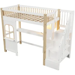 Okwish Lit Mezzanine 90x200 cm avec Bureau, LED et Escalier de Rangement - Sans Matelas - Pin et MDF - Blanc et Naturel