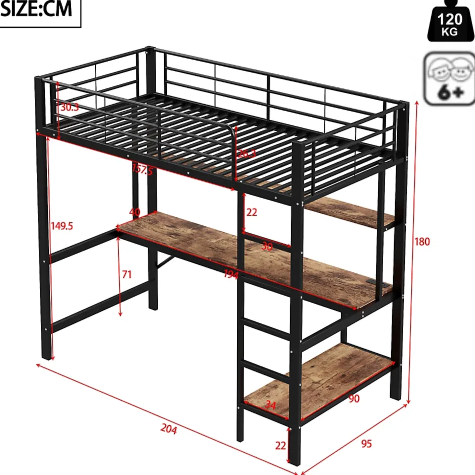 Okwish Lit mezzanine 90x200 cm avec bureau intégré, étagères, LED et prise USB - lit ado/enfant gain de place - métal noir - sans matelas Sale