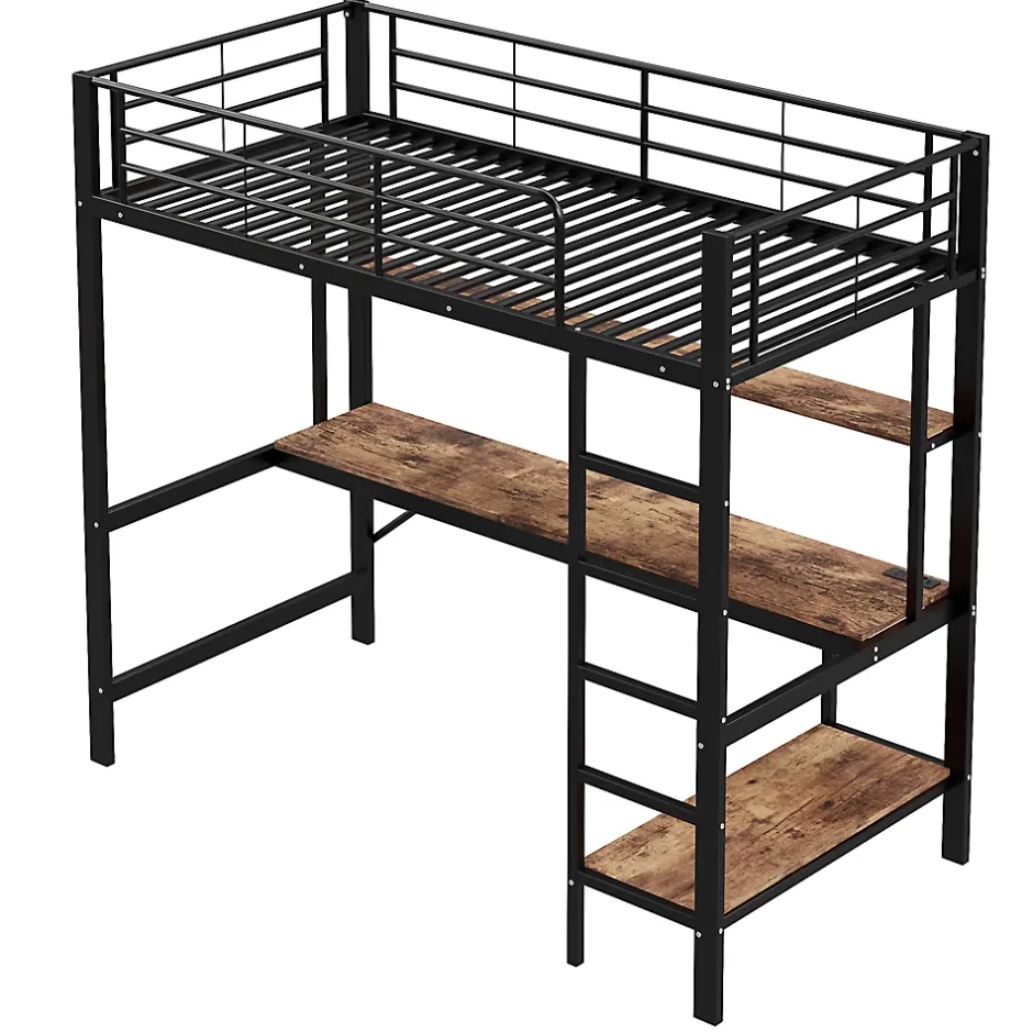 Okwish Lit mezzanine 90x200 cm avec bureau intégré, étagères, LED et prise USB - lit ado/enfant gain de place - métal noir - sans matelas Sale