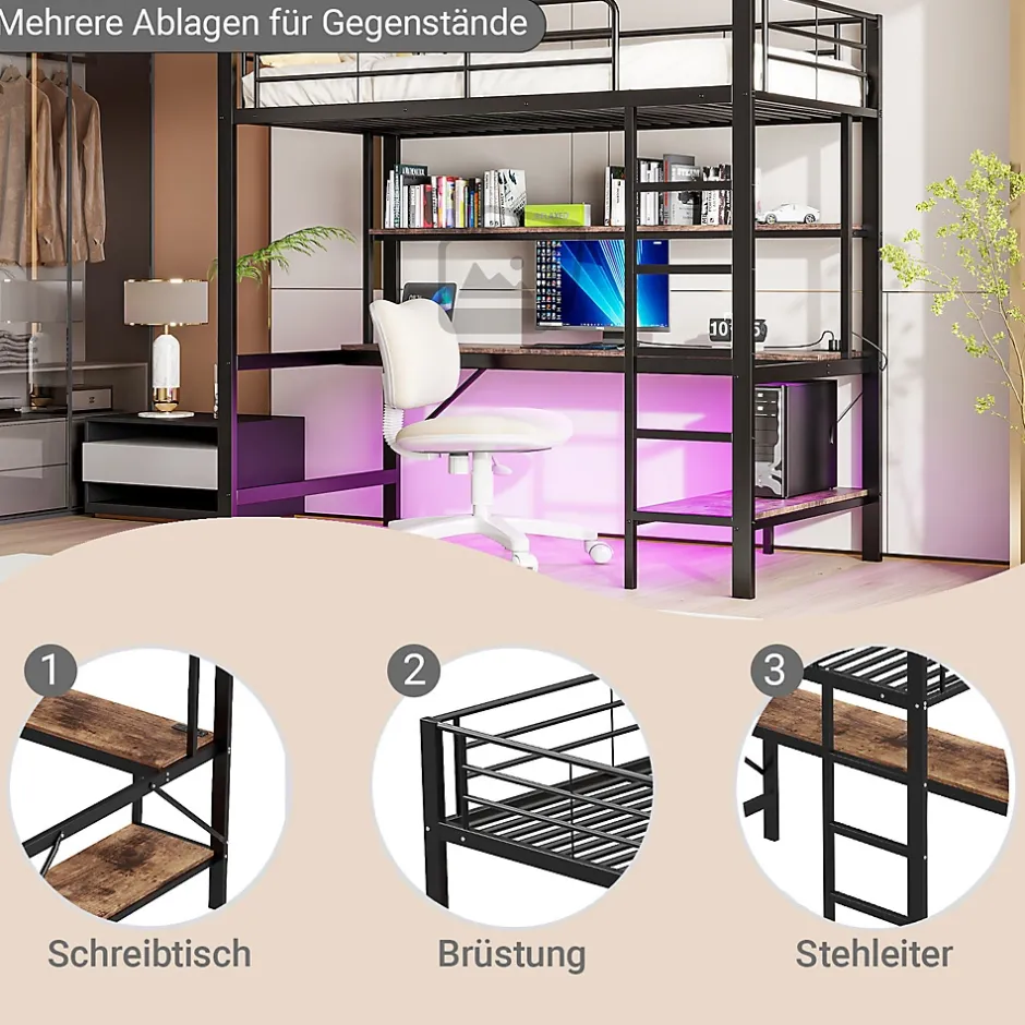 Okwish Lit mezzanine 90x200 cm avec bureau intégré, étagères, LED et prise USB - lit ado/enfant gain de place - métal noir - sans matelas Sale