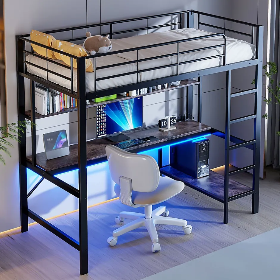 Okwish Lit mezzanine 90x200 cm avec bureau intégré, étagères, LED et prise USB - lit ado/enfant gain de place - métal noir - sans matelas Sale