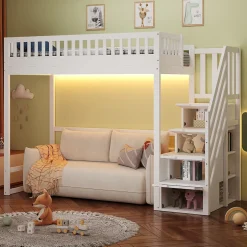 ModernLuxe Lit mezzanine 90x200 cm avec échelle de sécurité - avec barrières de sécurité - lumières LED - blanc (sans matelas)