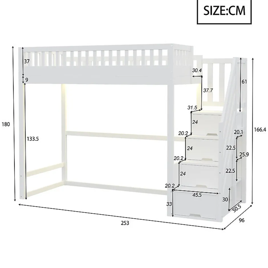 ModernLuxe Lit mezzanine 90x200 cm avec échelle de sécurité - avec barrières de sécurité - lumières LED - blanc (sans matelas)