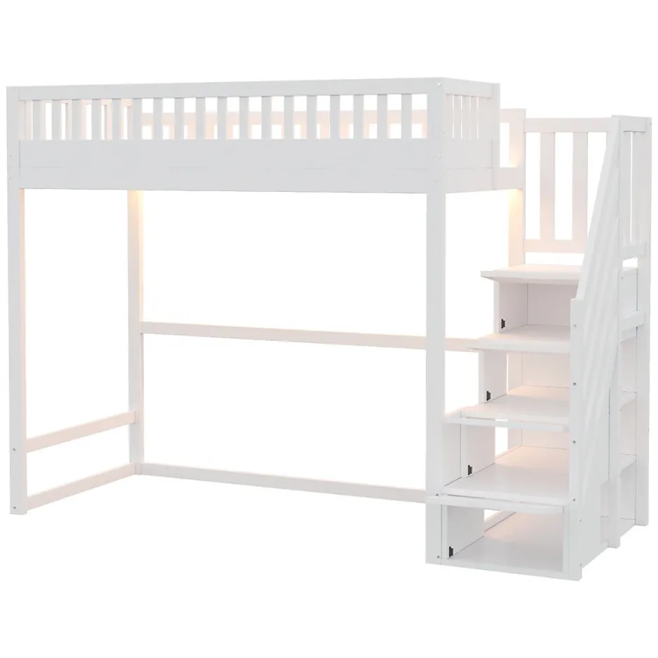 ModernLuxe Lit mezzanine 90x200 cm avec échelle de sécurité - avec barrières de sécurité - lumières LED - blanc (sans matelas)