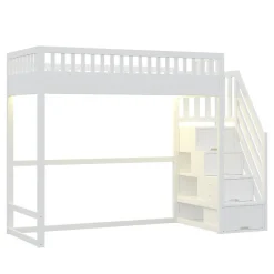 ModernLuxe Lit mezzanine 90x200 cm avec échelle de sécurité - avec barrières de sécurité - lumières LED - blanc (sans matelas)