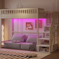 ModernLuxe Lit mezzanine 90x200 cm avec échelle de sécurité - avec barrières de sécurité - lumières LED - naturel(sans matelas)