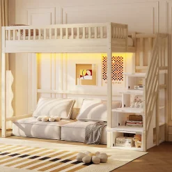 ModernLuxe Lit mezzanine 90x200 cm avec échelle de sécurité - avec barrières de sécurité - lumières LED - naturel(sans matelas)
