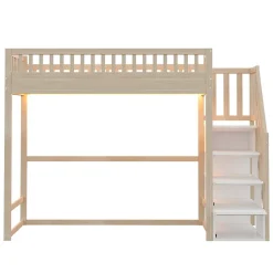 ModernLuxe Lit mezzanine 90x200 cm avec échelle de sécurité - avec barrières de sécurité - lumières LED - naturel(sans matelas)