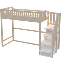 ModernLuxe Lit mezzanine 90x200 cm avec échelle de sécurité - avec barrières de sécurité - lumières LED - naturel(sans matelas)