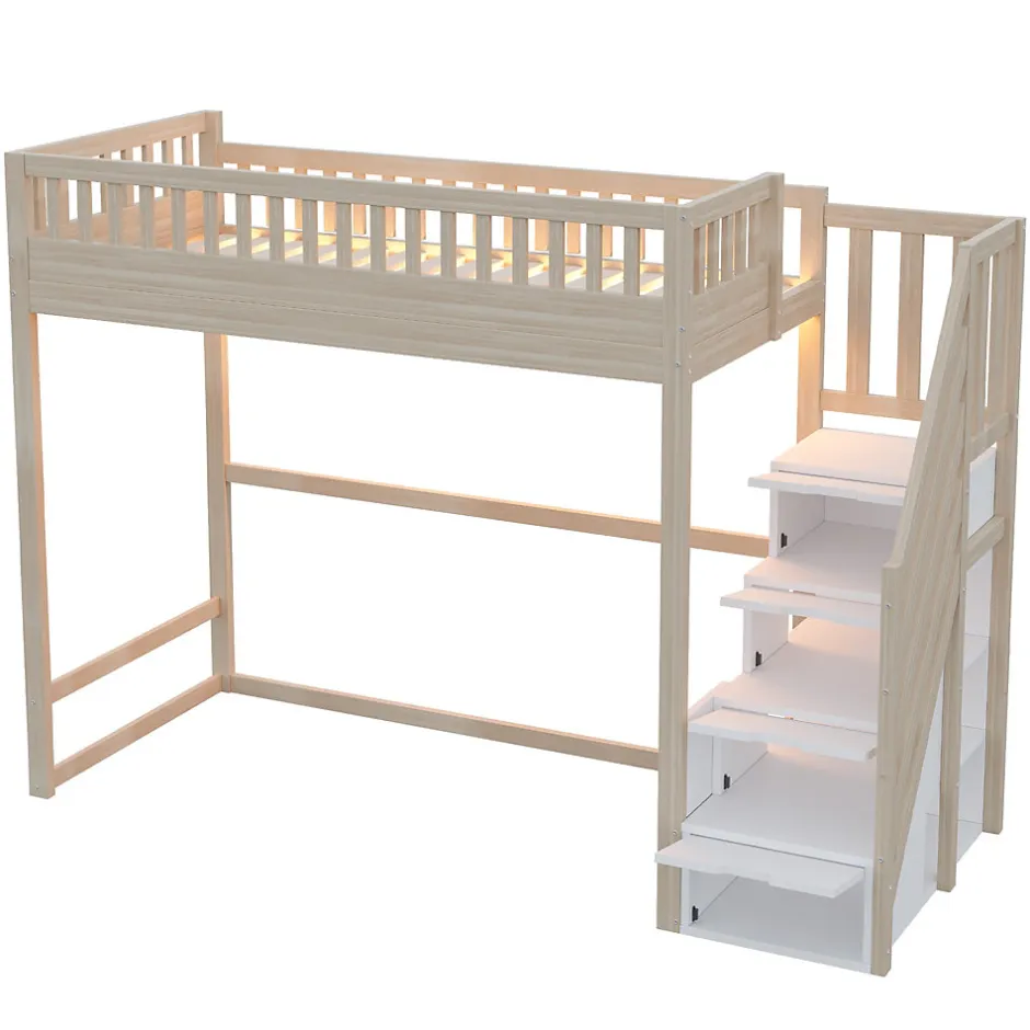 ModernLuxe Lit mezzanine 90x200 cm avec échelle de sécurité - avec barrières de sécurité - lumières LED - naturel(sans matelas)