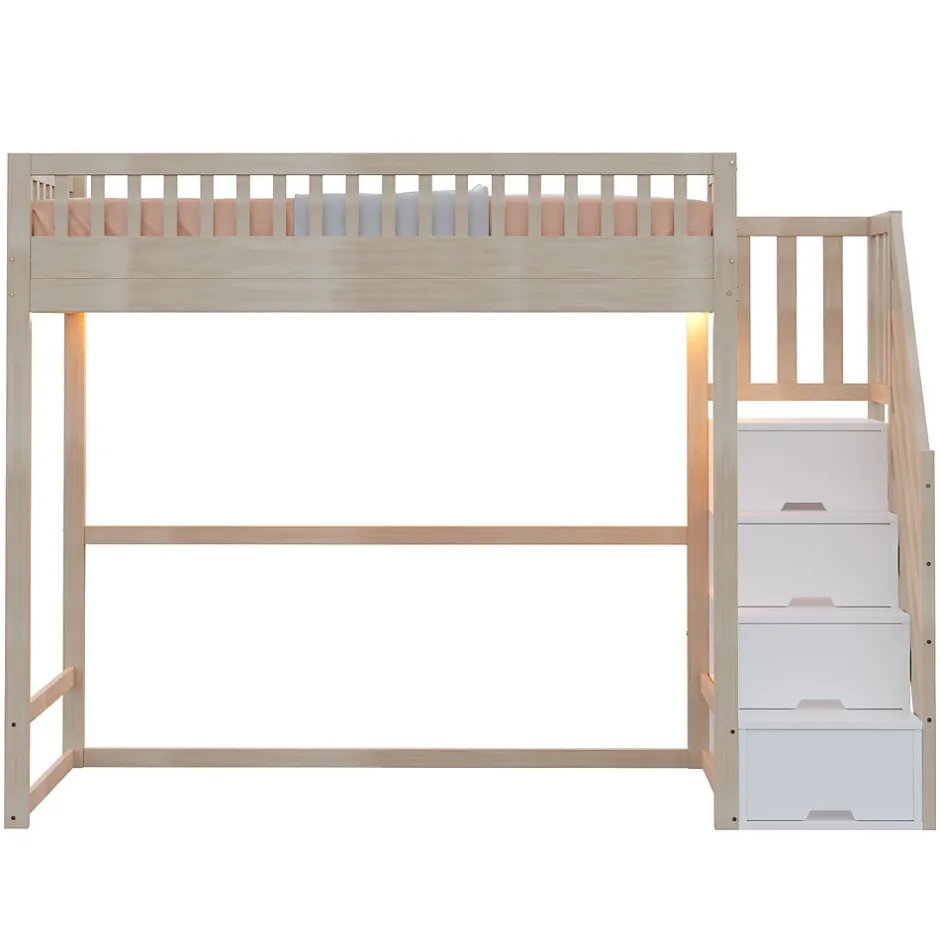 ModernLuxe Lit mezzanine 90x200 cm avec échelle de sécurité - avec barrières de sécurité - lumières LED - naturel(sans matelas)