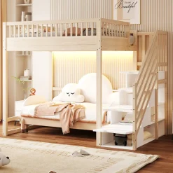 ModernLuxe Lit mezzanine 140x200 cm avec échelle de sécurité - avec barrières de sécurité - lumières LED - naturel(sans matelas)