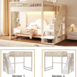 ModernLuxe Lit mezzanine 140x200 cm avec échelle de sécurité - avec barrières de sécurité - lumières LED - naturel(sans matelas)