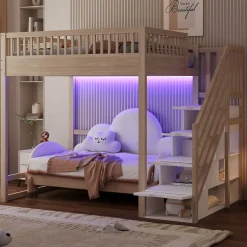 ModernLuxe Lit mezzanine 140x200 cm avec échelle de sécurité - avec barrières de sécurité - lumières LED - naturel(sans matelas)