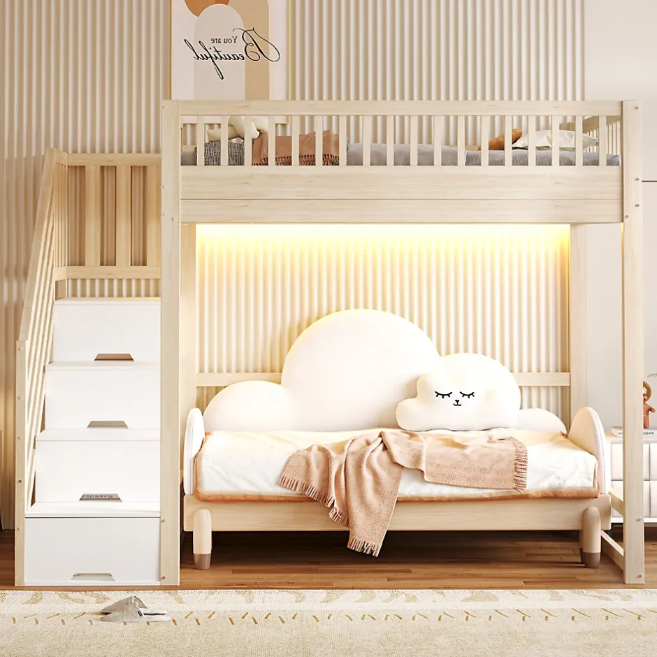 ModernLuxe Lit mezzanine 140x200 cm avec échelle de sécurité - avec barrières de sécurité - lumières LED - naturel(sans matelas)