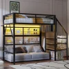 Enfant Redom Lit mezzanine 90x200 cm avec échelle à rangements et bande LED pilotable, structure métal noir