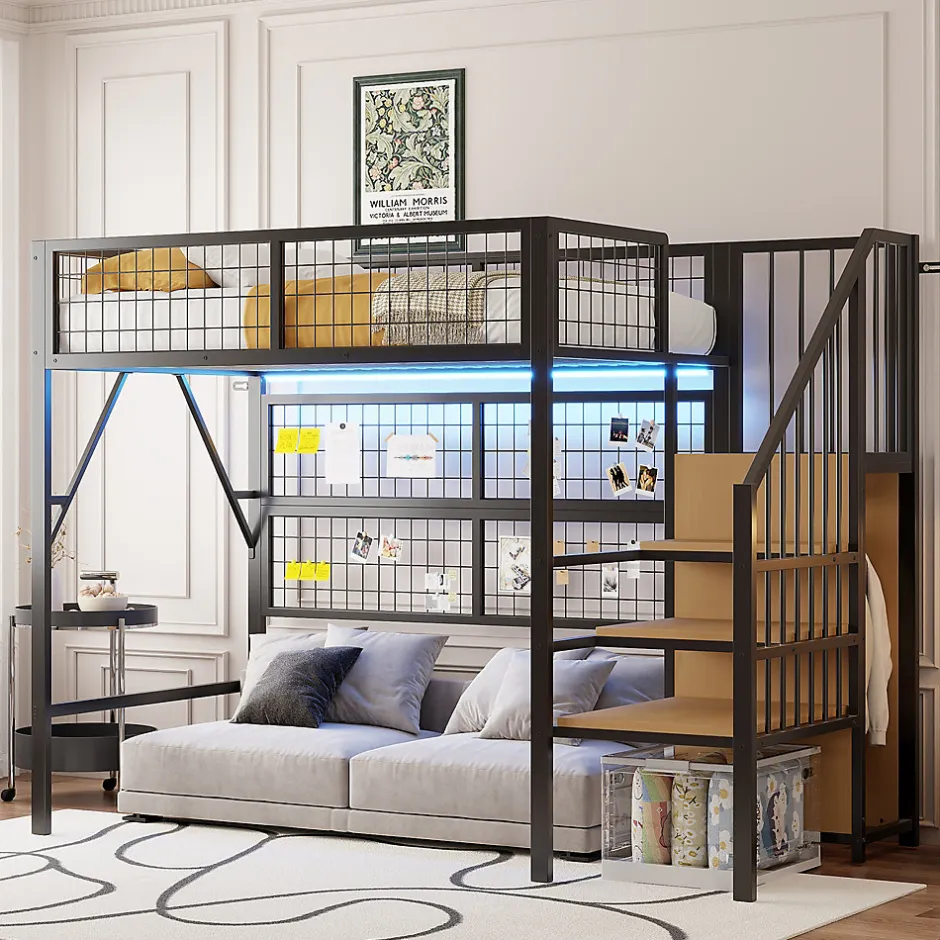 Enfant Redom Lit mezzanine 90x200 cm avec échelle à rangements et bande LED pilotable, structure métal noir
