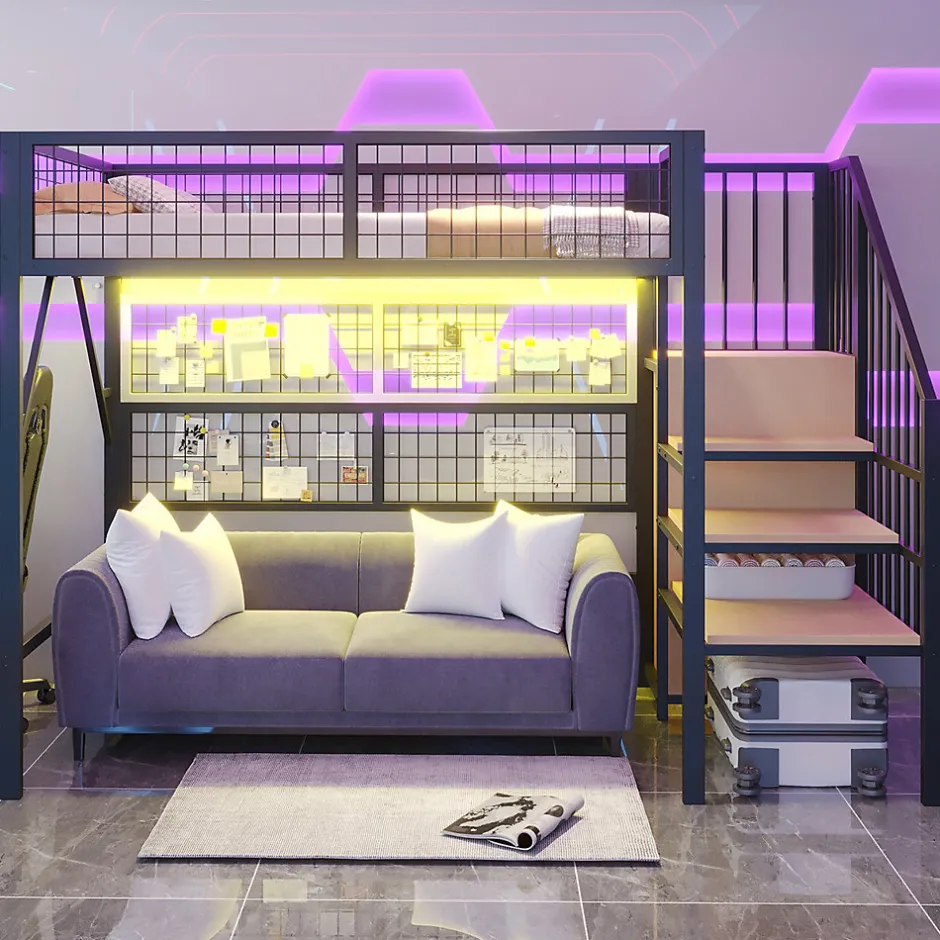 Enfant Redom Lit mezzanine 90x200 cm avec échelle à rangements et bande LED pilotable, structure métal noir