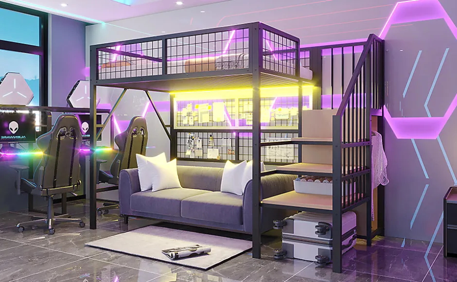 Enfant Redom Lit mezzanine 90x200 cm avec échelle à rangements et bande LED pilotable, structure métal noir