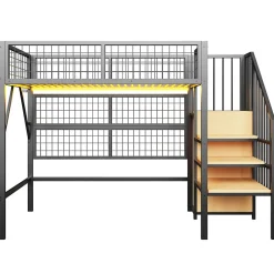 Enfant Redom Lit mezzanine 90x200 cm avec échelle à rangements et bande LED pilotable, structure métal noir