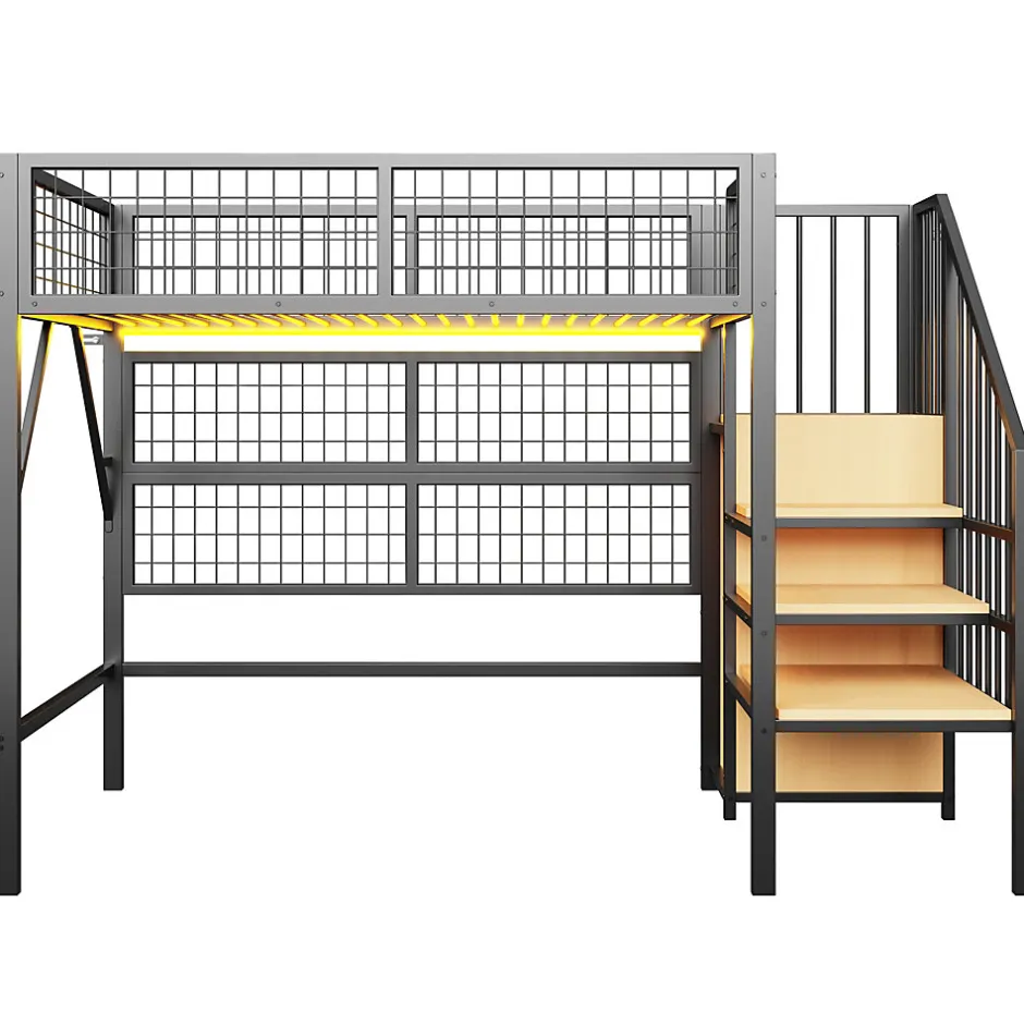 Enfant Redom Lit mezzanine 90x200 cm avec échelle à rangements et bande LED pilotable, structure métal noir
