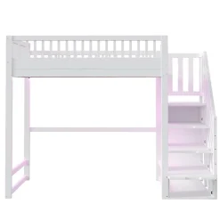 ModernLuxe Lit mezzanine 140x200 cm avec échelle de sécurité - avec barrières de sécurité - lumières LED - blanc (sans matelas) Best