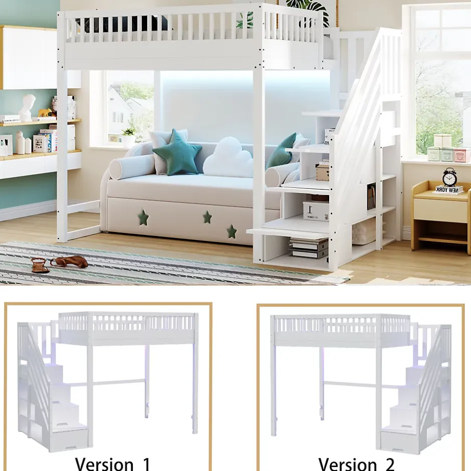 ModernLuxe Lit mezzanine 140x200 cm avec échelle de sécurité - avec barrières de sécurité - lumières LED - blanc (sans matelas) Best