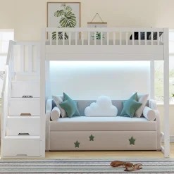 ModernLuxe Lit mezzanine 140x200 cm avec échelle de sécurité - avec barrières de sécurité - lumières LED - blanc (sans matelas) Best