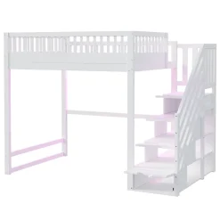 ModernLuxe Lit mezzanine 140x200 cm avec échelle de sécurité - avec barrières de sécurité - lumières LED - blanc (sans matelas) Best