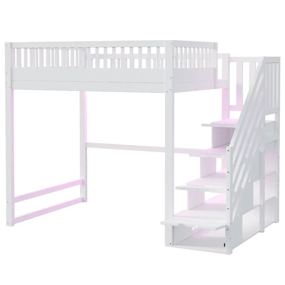 ModernLuxe Lit mezzanine 140x200 cm avec échelle de sécurité - avec barrières de sécurité - lumières LED - blanc (sans matelas) Best