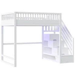 ModernLuxe Lit mezzanine 140x200 cm avec échelle de sécurité - avec barrières de sécurité - lumières LED - blanc (sans matelas) Best