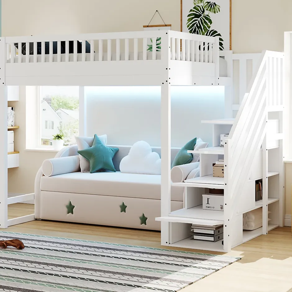 ModernLuxe Lit mezzanine 140x200 cm avec échelle de sécurité - avec barrières de sécurité - lumières LED - blanc (sans matelas) Best