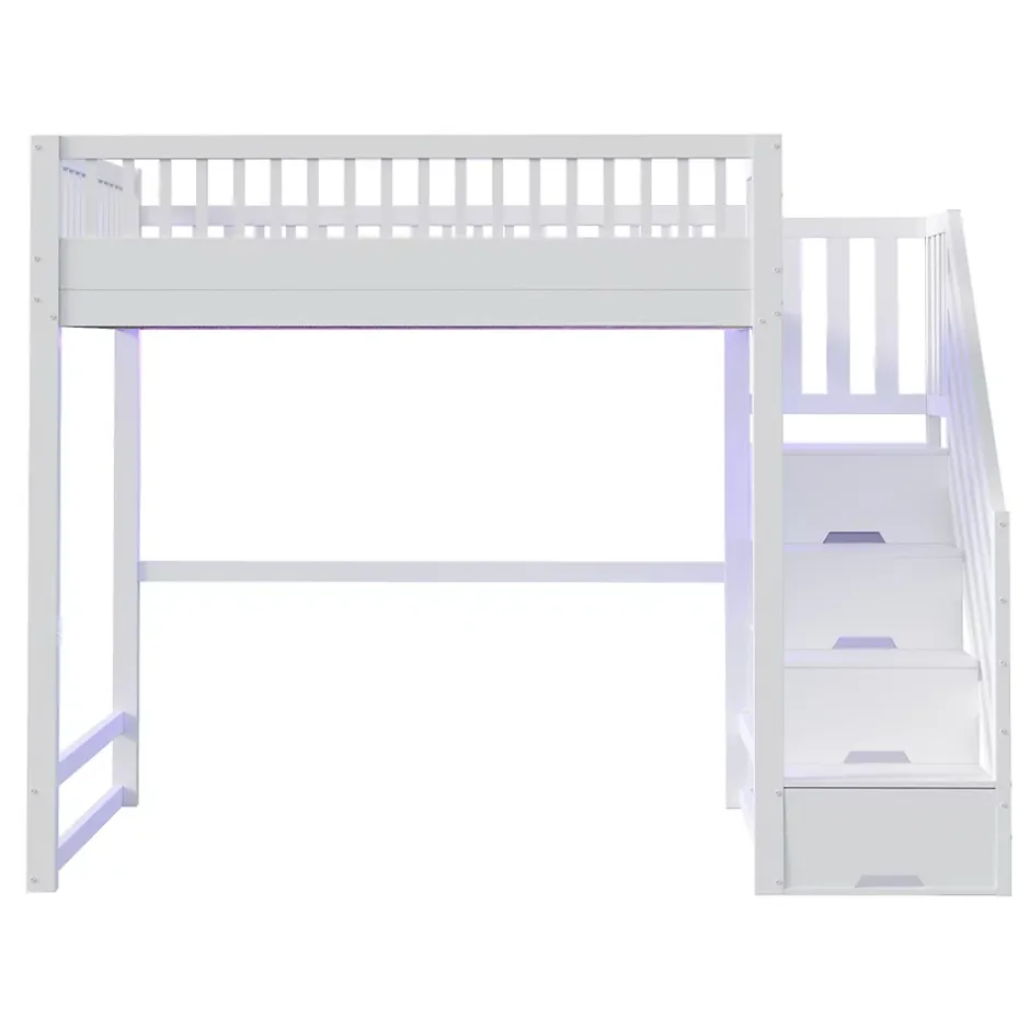 ModernLuxe Lit mezzanine 140x200 cm avec échelle de sécurité - avec barrières de sécurité - lumières LED - blanc (sans matelas) Best