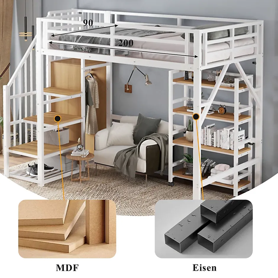 Okwish Lit mezzanine 90x200 cm avec escalier de rangement et étagères intégrées - métal et MDF - blanc + naturel - sans matelas Best