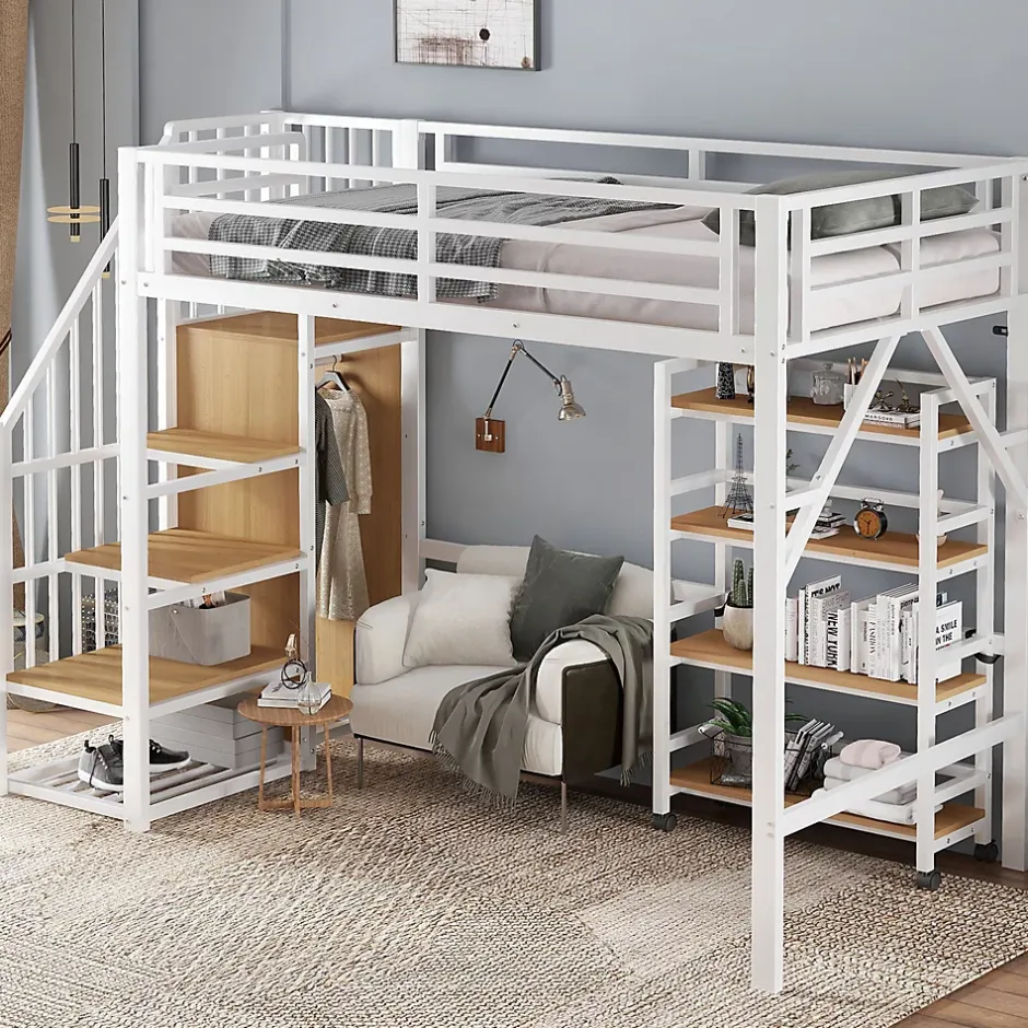 Okwish Lit mezzanine 90x200 cm avec escalier de rangement et étagères intégrées - métal et MDF - blanc + naturel - sans matelas Best