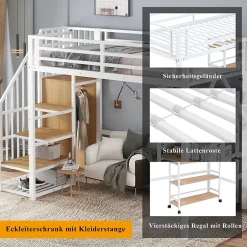 Okwish Lit mezzanine 90x200 cm avec escalier de rangement et étagères intégrées - métal et MDF - blanc + naturel - sans matelas Best