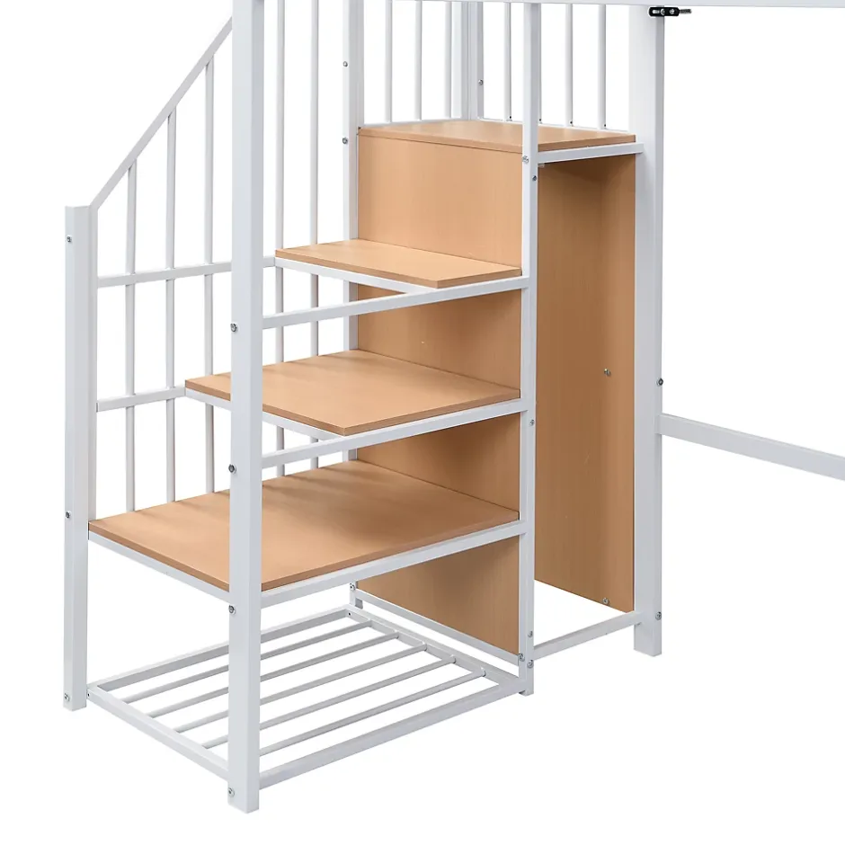 Okwish Lit mezzanine 90x200 cm avec escalier de rangement et étagères intégrées - métal et MDF - blanc + naturel - sans matelas Best