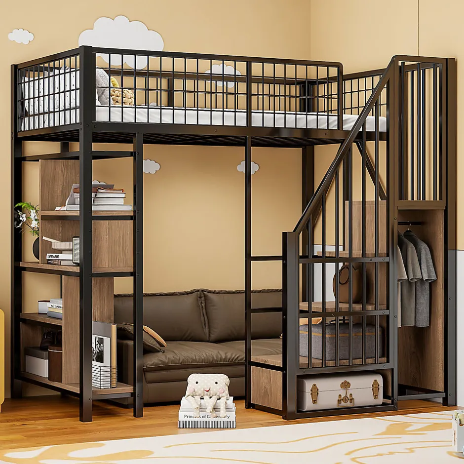 Enfant Redom Lit mezzanine 90x200 cm avec escalier coffre et grand espace sous le lit, structure métal/bois